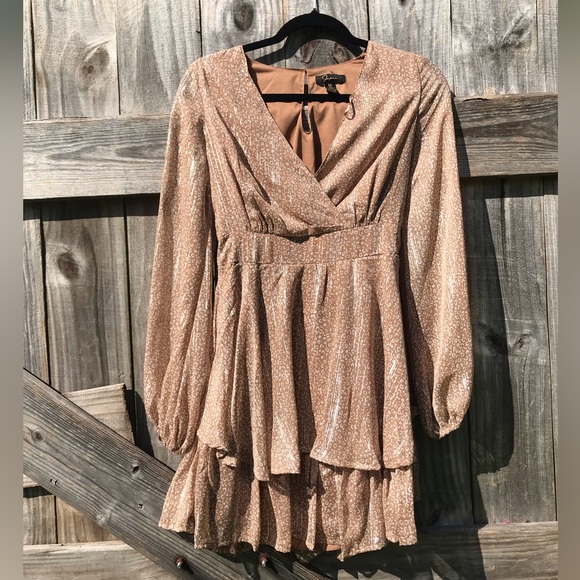 Japna Animal Print Tan Dress with Metallic gold threading with Long Sleeves - Picture 1 of 12